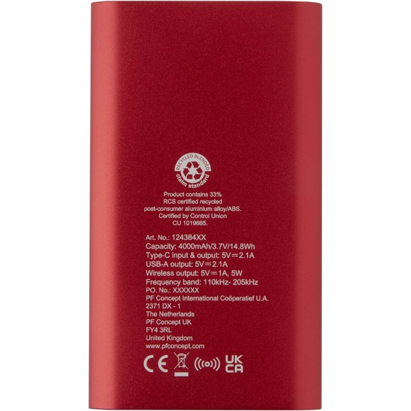Juice 4000 mAh Type-C recycled aluminium wireless power bank - Red