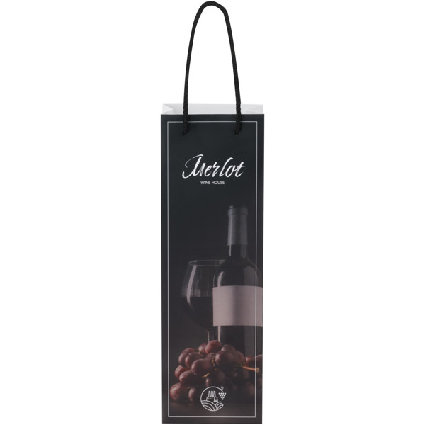 Handmade 170 g/m2 integra paper wine bottle bag with plastic cord handles - 12 x 9 x 37 cm - White / Black