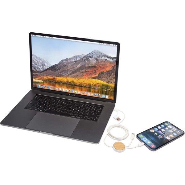 Chechia 5-in-1 recycled plastic 150 cm data sync and 27W fast charge cable with bamboo details - White