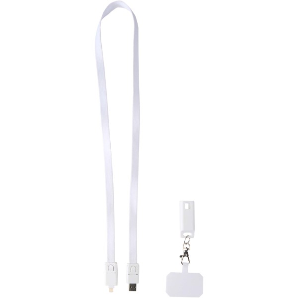 Franz recycled plastic smartphone lanyard with built-in data sync and 65W fast charge 5-in-1 cable - White