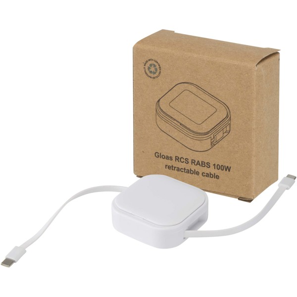 Gloas 5-in-1 recycled retractable data sync and 100W fast charge cable with smartphone tool kit - White