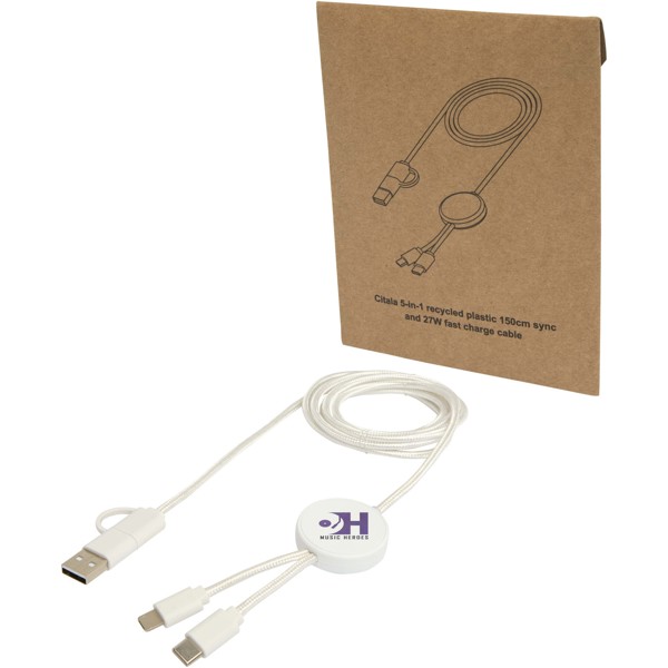 Citala 5-in-1 recycled plastic 150 cm data sync and 27W fast charge cable - White