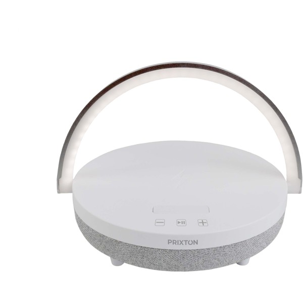 Prixton 4-in-1 10W Bluetooth® speaker with LED light and wireless charging base - White