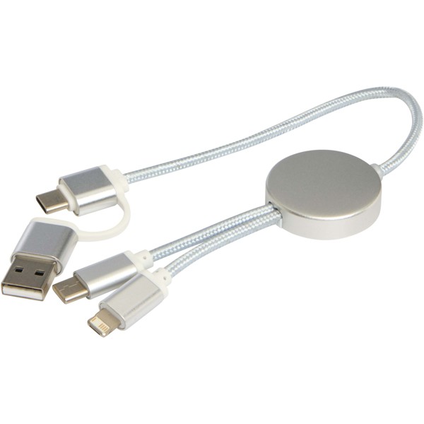 Alasia 5-in-1 recycled aluminium and plastic 30 cm data sync and 27W fast charge cable - Silver