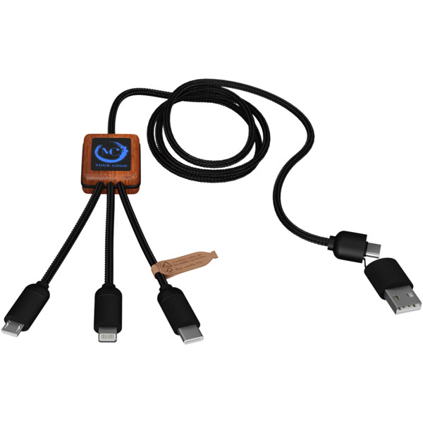 SCX.design C38 40W 5-in-1 rPET light-up logo charging cable with squared wooden casing - Blue / Wood