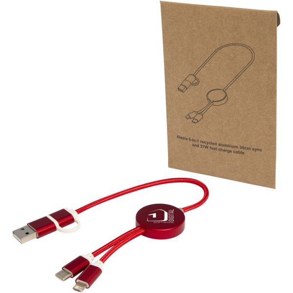 Alasia 5-in-1 recycled aluminium and plastic 30 cm data sync and 27W fast charge cable - Red