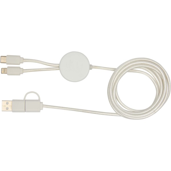Chechia 5-in-1 recycled plastic 150 cm data sync and 27W fast charge cable with bamboo details - White