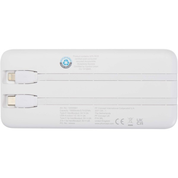 Adhil 10.000 mAh 10W recycled plastic power bank with 2 built-in cables - White