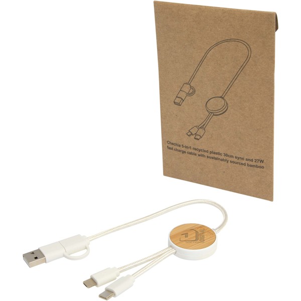 Chechia 5-in-1 recycled plastic 30 cm data sync and 27W fast charge cable with bamboo details - White