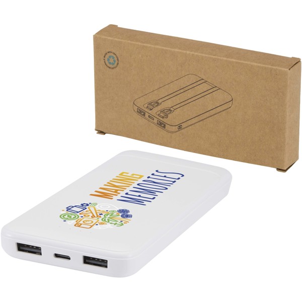Adhil 10.000 mAh 10W recycled plastic power bank with 2 built-in cables - White