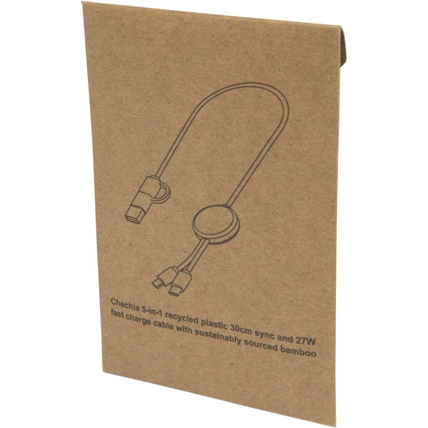 Chechia 5-in-1 recycled plastic 30 cm data sync and 27W fast charge cable with bamboo details - White