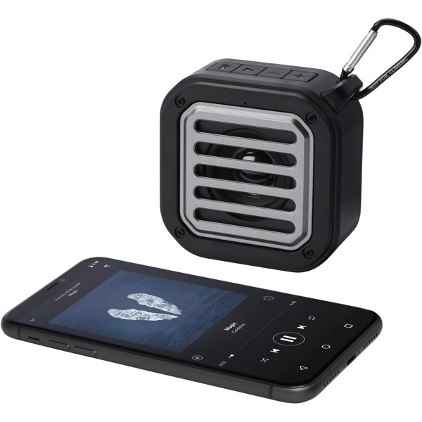 Solo 3W IPX5 RCS recycled plastic solar Bluetooth® speaker with carabiner