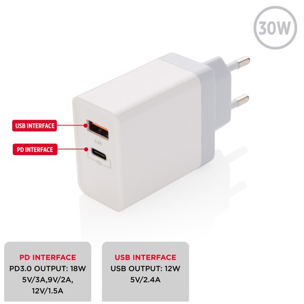 30W Fast wall charger dual output with PD