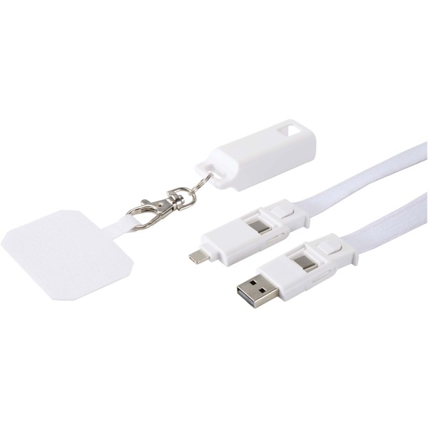 Franz recycled plastic smartphone lanyard with built-in data sync and 65W fast charge 5-in-1 cable - White