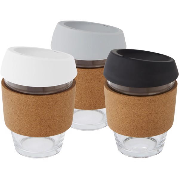 Lidan 360 ml borosilicate glass tumbler with cork grip and silicone lid - White