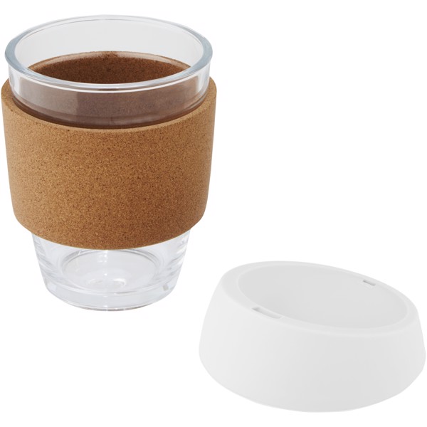 Lidan 360 ml borosilicate glass tumbler with cork grip and silicone lid - White