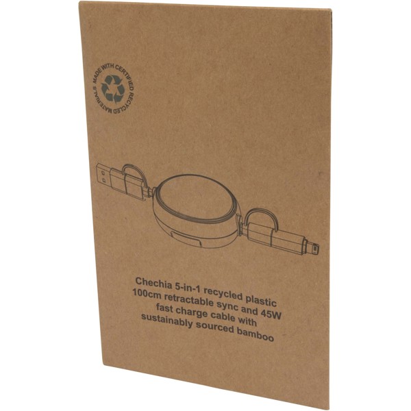 Chechia 5-in-1 recycled plastic 100 cm retractable data sync and 45W fast charge cable - White