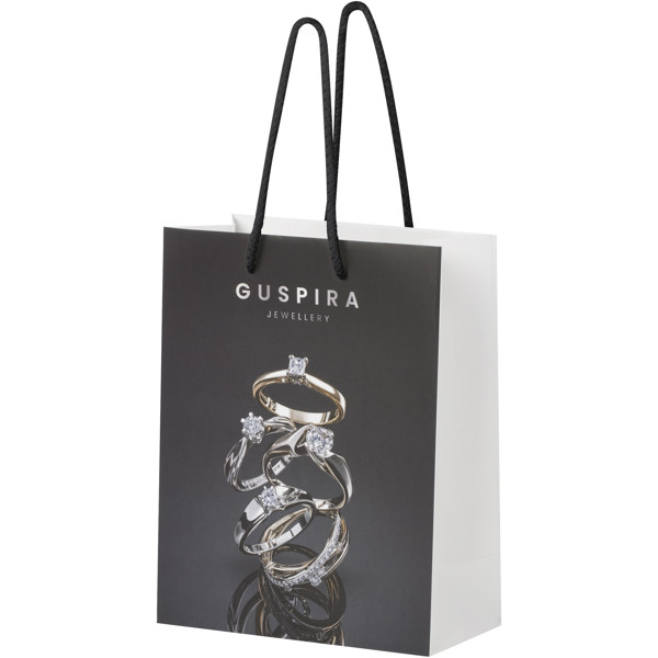Handmade 170 g/m2 integra paper bag with plastic cord handles - 18 x 9 x 23 cm - White / Black