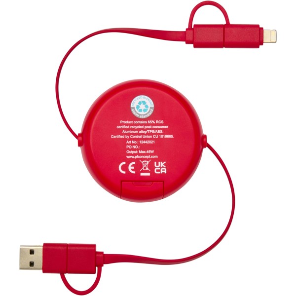 Alasia 5-in-1 100 cm recycled plastic and aluminium retractable data sync and 45W fast charge cable - Red