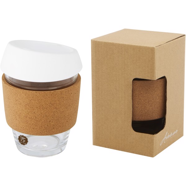Lidan 360 ml borosilicate glass tumbler with cork grip and silicone lid - White