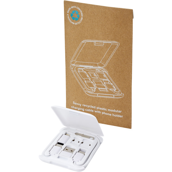 Savvy recycled plastic modular charging cable with phone holder - White