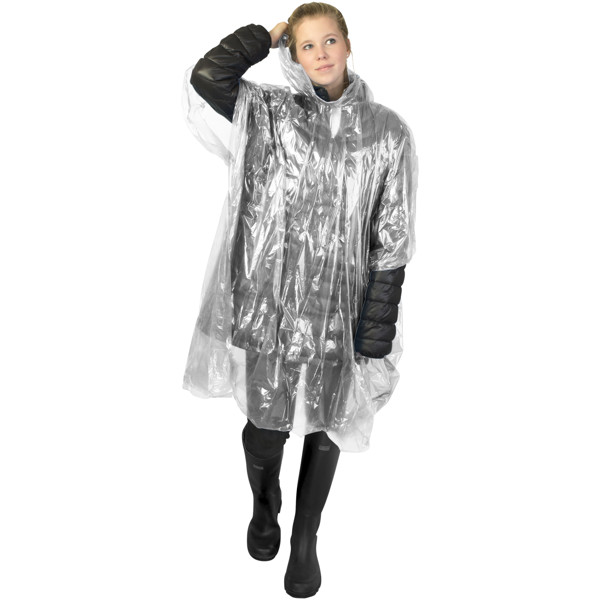Mayan recycled plastic disposable rain poncho with storage pouch - White
