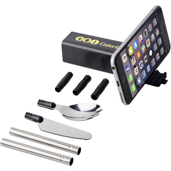 Sada příborů Galen z pšeničné slámy a s držákem na telefon - Černá