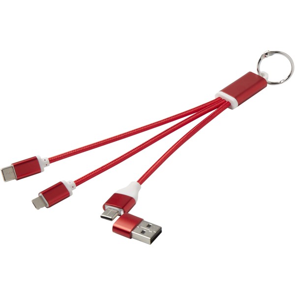 Metal 4-in-1 recycled aluminium charging cable with keychain - Red