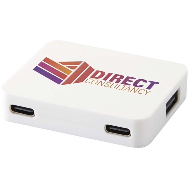 Gaia 4-port USB hub with USB-A and Type-C output and dual input - made from recycled plastic - White