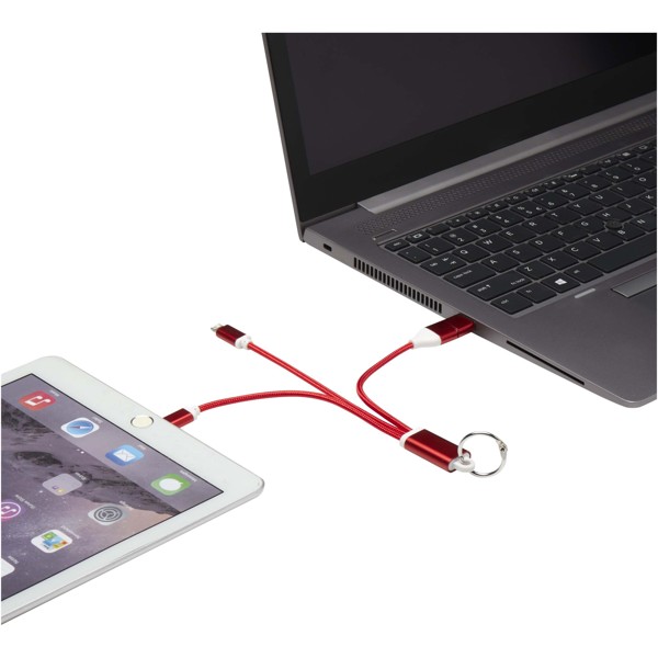 Metal 4-in-1 recycled aluminium charging cable with keychain - Red