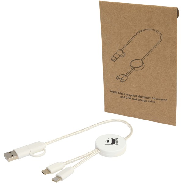 Citala 5-in-1 recycled plastic 30 cm data sync and 27W fast charge cable - White