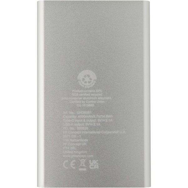 Pep 4000 mAh Type-C recycled aluminium power bank - Silver
