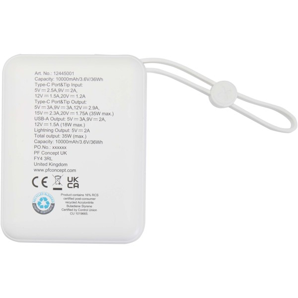 Acrux 10.000 mAh 35W tablet power bank with built in Type-C cable - made from recycled plastic - White