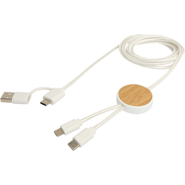 Chechia 5-in-1 recycled plastic 150 cm data sync and 27W fast charge cable with bamboo details - White