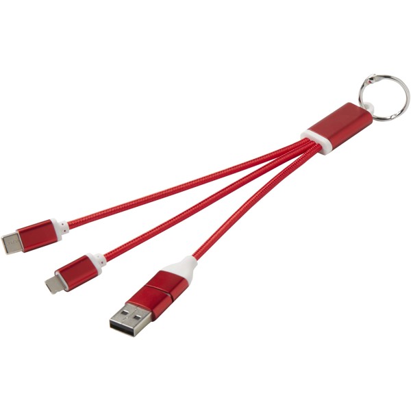 Metal 4-in-1 recycled aluminium charging cable with keychain - Red