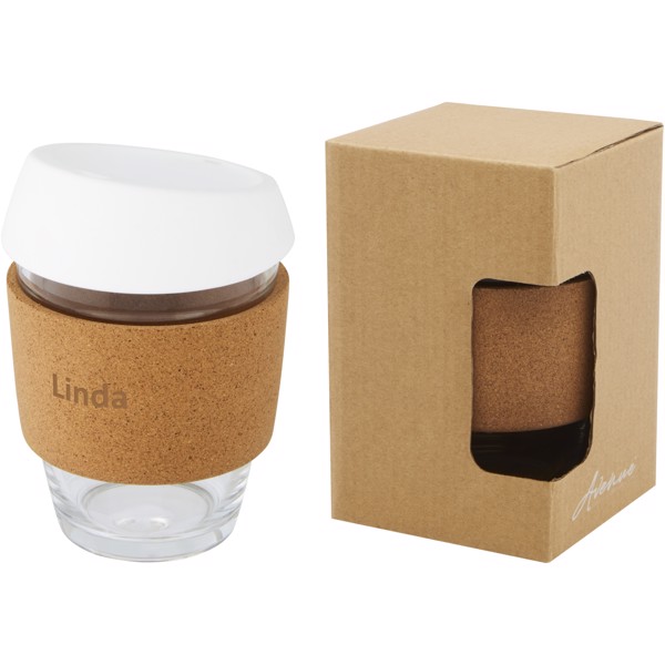 Lidan 360 ml borosilicate glass tumbler with cork grip and silicone lid - White
