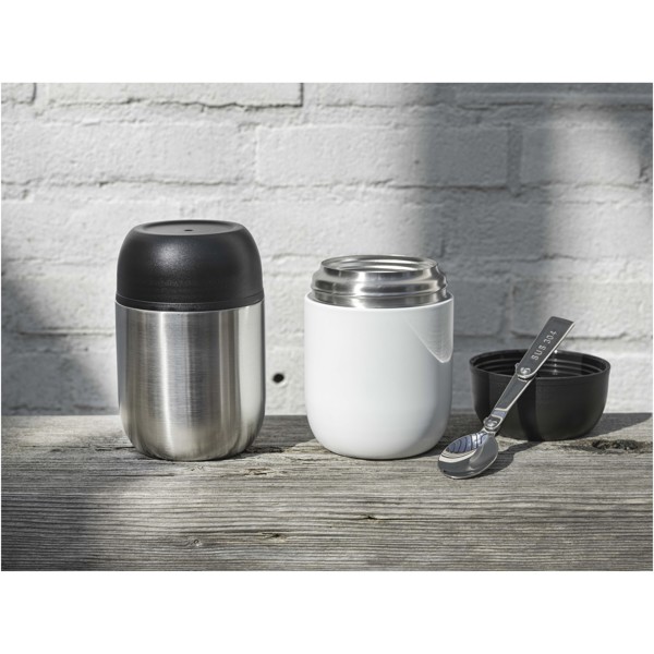 Supo 480 ml double-walled recycled stainless steel lunch pot with foldable spoon - White