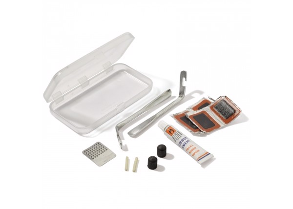 Tire repair kit in plastic box
