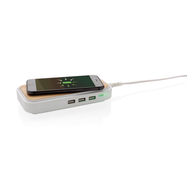 Bamboo 5W wireless charger with 3 USB ports
