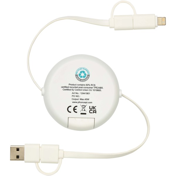 Chechia 5-in-1 recycled plastic 100 cm retractable data sync and 45W fast charge cable - White