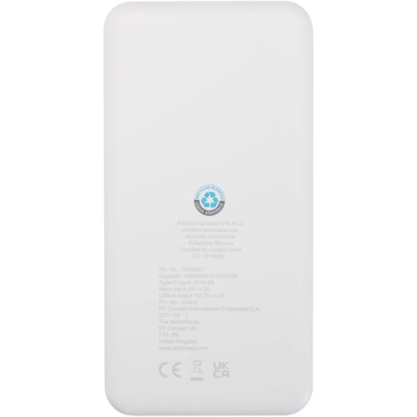 Intan 10.000 mAh 10W recycled plastic power bank - White