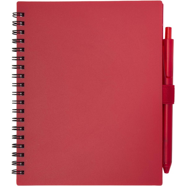 Niove recycled plastic soft cover notebook and ballpoint pen set (blue ink) - Red