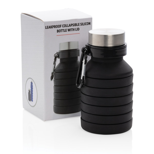 Leakproof collapsible silicone bottle with lid - Black
