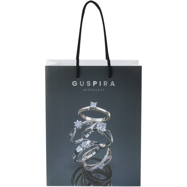 Handmade 170 g/m2 integra paper bag with plastic cord handles - 18 x 9 x 23 cm - White / Black