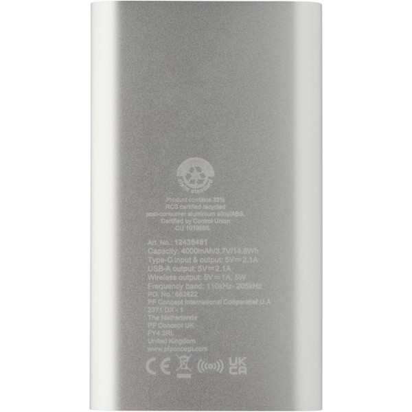 Juice 4000 mAh Type-C recycled aluminium wireless power bank - Silver