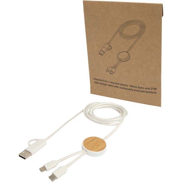 Chechia 5-in-1 recycled plastic 150 cm data sync and 27W fast charge cable with bamboo details - White