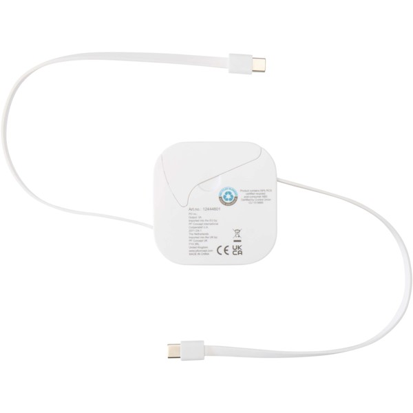 Gloas 5-in-1 recycled retractable data sync and 100W fast charge cable with smartphone tool kit - White