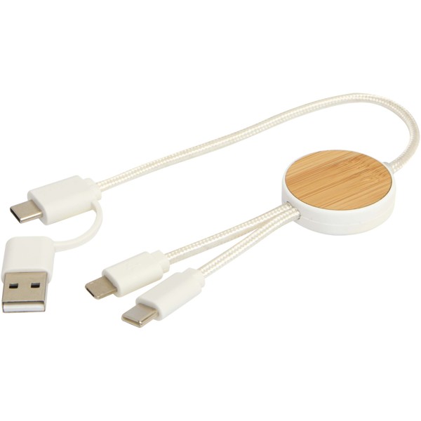 Chechia 5-in-1 recycled plastic 30 cm data sync and 27W fast charge cable with bamboo details - White