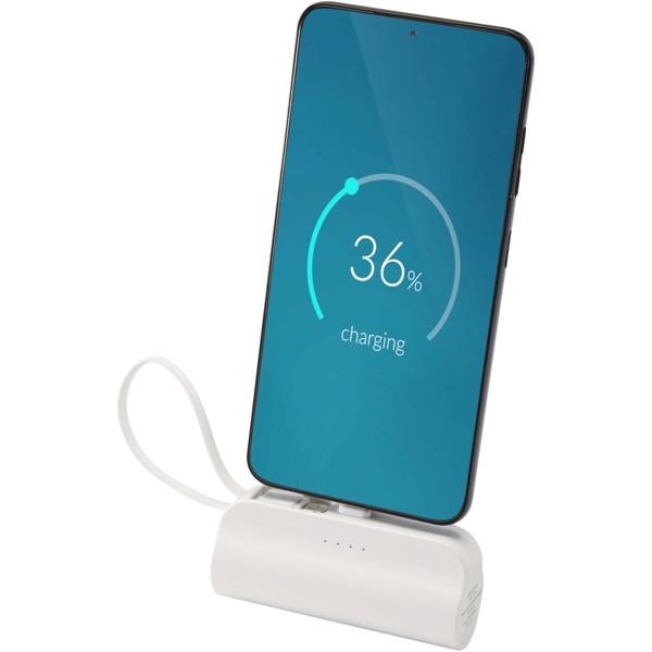 Alnair 5000 mAh 10W recycled plastic Type-C power bank with built-in flip stand and 2-in-1 cable - White