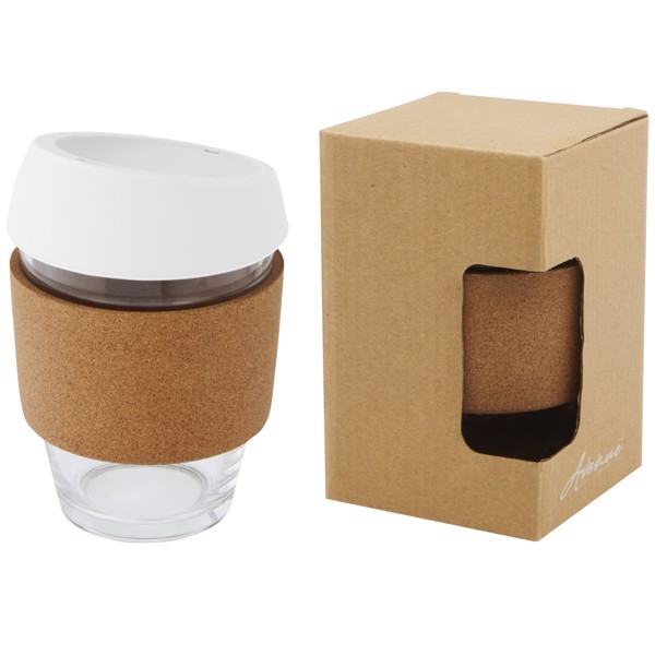 Vaso de vidrio borosilicato de 360 ml con agarre de corcho y tapa de silicona "Lidan" - Blanco